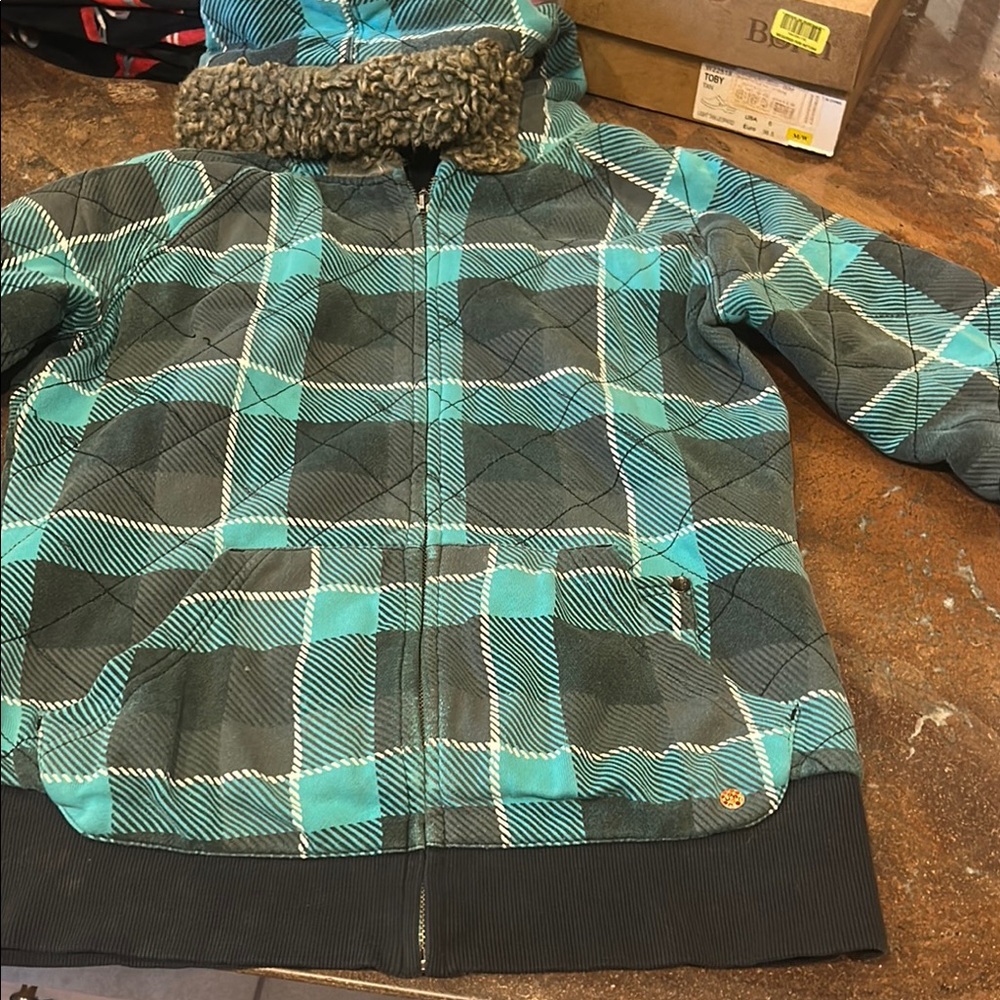 Plaid Hooded Jacket with Faux Fur Collar